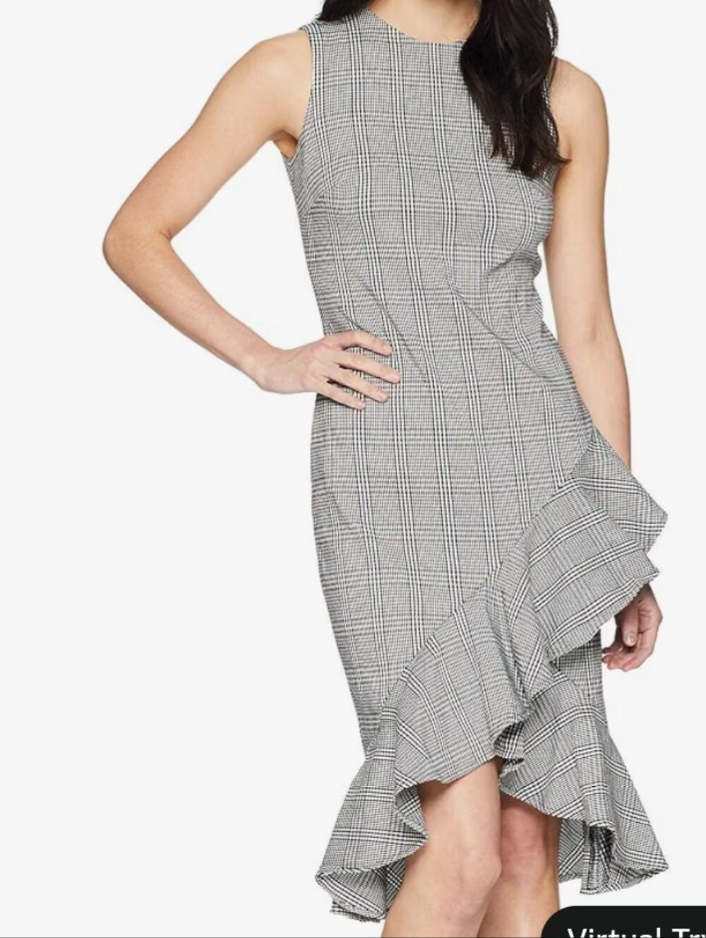 Calvin Klein Black White Plaid Stretch Sheath Ruffle Hem Sheath Dress 14